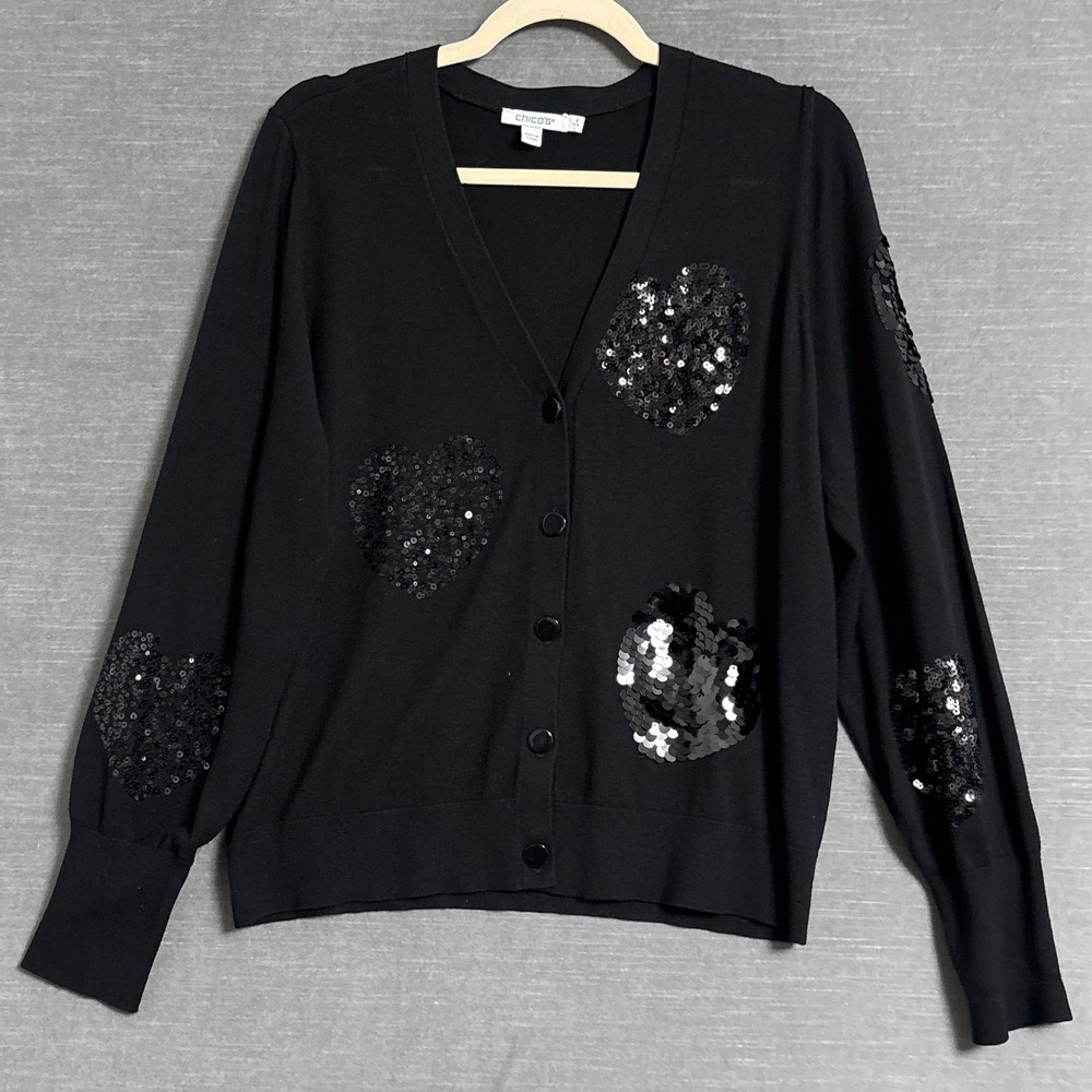 Chicos Cardigan 2 Large Black Heart Sequin Knit Sweater Cocktail Party Classic